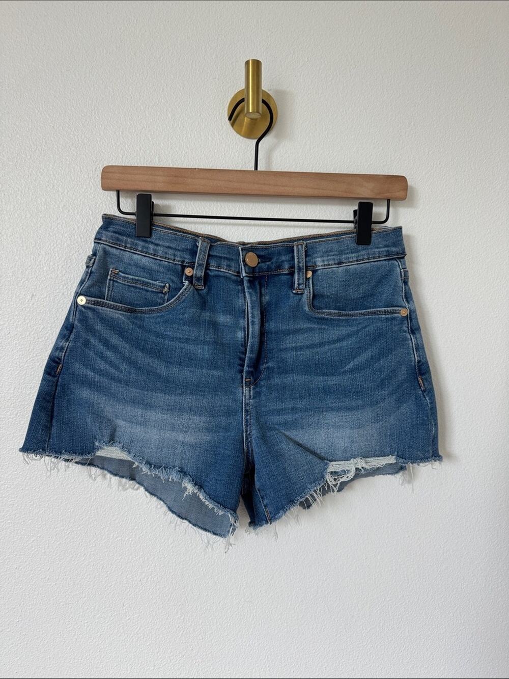 Blank NYC The Barrow Blue Distressed Raw-Hem High Rise Denim Shorts